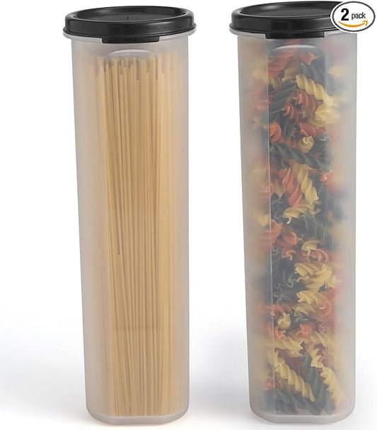 Tall Clear Spaghetti Pasta Container Storage With Lid-2 Pk.Multi-Purpose Kitchen Pantry Organization And Food Storage For Noodles Beans Straws - Airtight Leakproof Spaghetti Keeper BPA Free 37 oz.