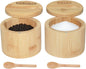 2 Pack Bamboo Salt and Pepper Bowls, Spice Cellar with Swivel Lid and Spoons, Round, 6 Ounces, Bamboo