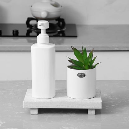 zoocatia Small Wood Tray Pedestal Stand Farmhouse Bathroom Decor Decorative Wooden Riser Kitchen Soap Dish Holder for Vanity, Counter, Sink, 9" x 5.9" - White