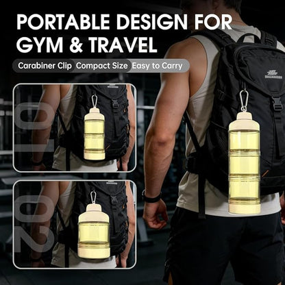 BYLWORKOUT 3-Layer Protein Powder Travel Container with Funnel and Keychain | Portable Food Storage Organizer for Gym, Fitness, Kitchen, Camping, Hiking, and Travel (Yellow)