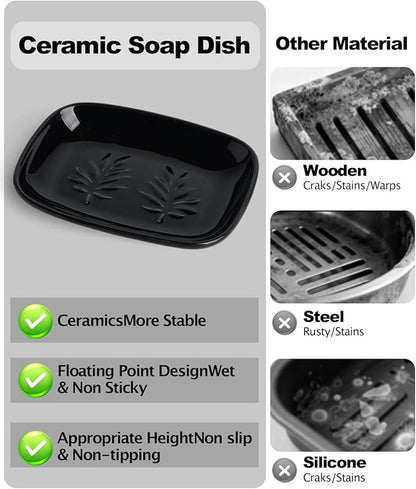 Ceramic Soap Dish for Bathroom and Kitchen, Non-Slip Bar Soap Holder with Fast Drain Design, Soap Saver Tray for Sink, Black