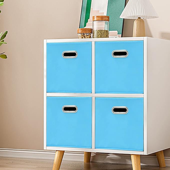 Black Fabric Cubby Storage Bins,13x13x13 Inches ,Cube Organizer Bin Foldable Storage Boxes with Dual Handles Fabric Organizer Box and collapsible Storage basket,Set of 3,Blue