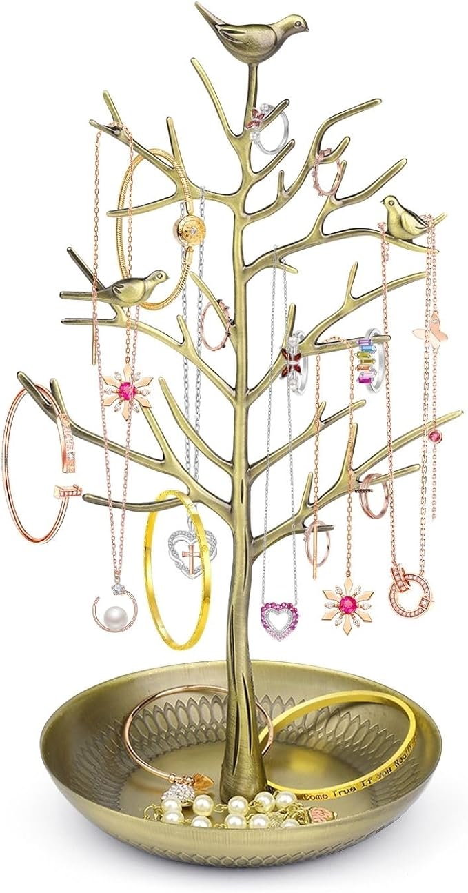 Flexzion Jewelry Display Stand, Earring Necklace Holder Tree Tower Rack Hanging Organizer - Ideal for Bangles Pendants Anklet (Brass)