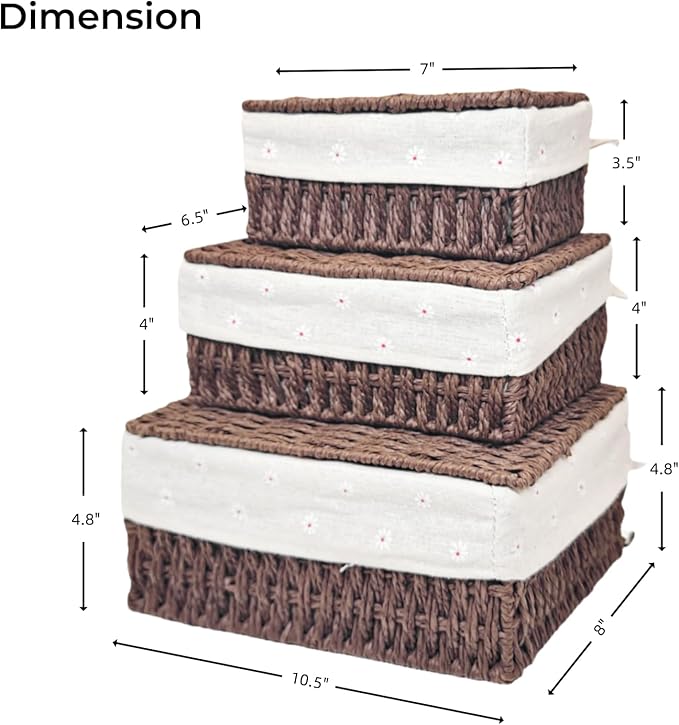 GIB Wicker Woven Storage Baskets with Lids Set of 3 Size, Decorative Paper Rope Small Nesting Baskets Removable Liner Container Bins for Shelves Pantry Table Keys Gifts Makeup Organizer, Brown