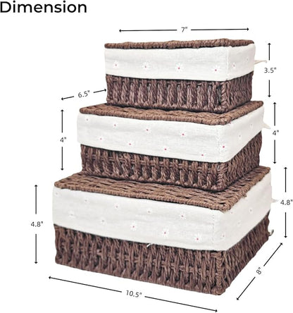 GIB Wicker Woven Storage Baskets with Lids Set of 3 Size, Decorative Paper Rope Small Nesting Baskets Removable Liner Container Bins for Shelves Pantry Table Keys Gifts Makeup Organizer, Brown