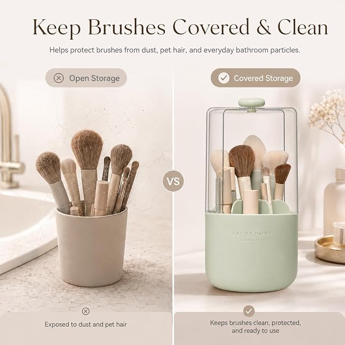 EACHY Makeup Brush Holder with Lid, 360° Rotating Vanity Organizer for Brushes, Dustproof Cosmetic Display Case, 7 Compartments, Waterproof Plastic (Green)