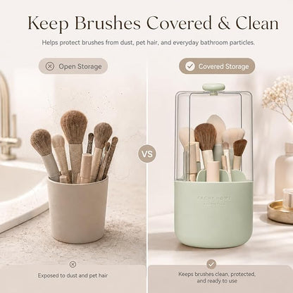 EACHY Makeup Brush Holder with Lid, 360° Rotating Vanity Organizer for Brushes, Dustproof Cosmetic Display Case, 7 Compartments, Waterproof Plastic (Green)