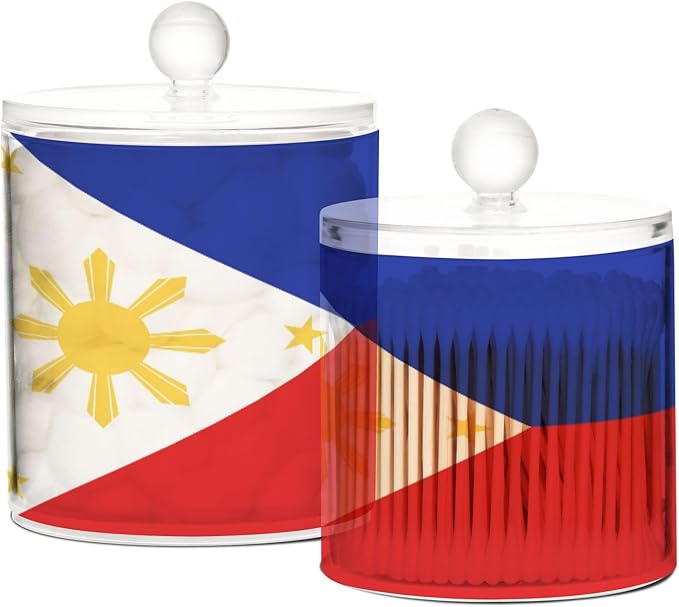 DOMIKING Philippines Flag 2 Pack Bathroom Canisters Cotton Swab Holder Dispenser Plastic Cotton Ball Jar Acrylic Storage Containers for Cotton Ball Cotton Swab Cotton Round Pads