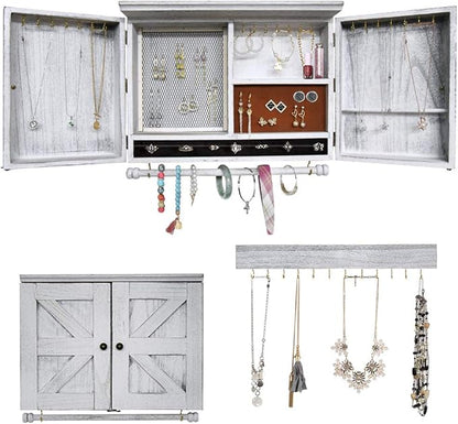 GLANT Rustic Wall Mounted Jewelry Organizer with Wooden Barndoor Decor,Wooden Wall Mount Holder,Jewelry holder for Necklaces, Earings, Bracelets, Ring Holder. (White)
