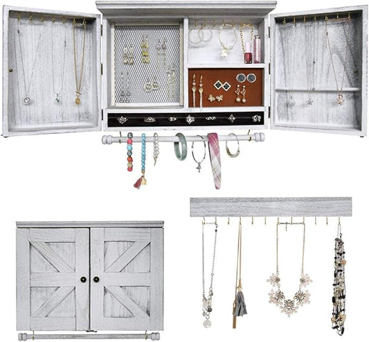 GLANT Rustic Wall Mounted Jewelry Organizer with Wooden Barndoor Decor,Wooden Wall Mount Holder,Jewelry holder for Necklaces, Earings, Bracelets, Ring Holder. (White)