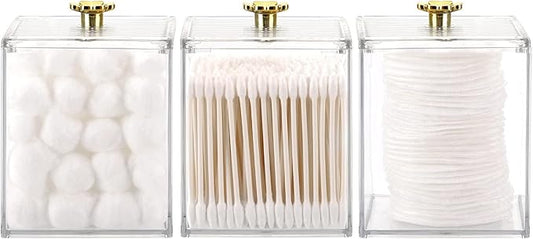 Tecbeauty 3PCS Qtip Holder Bathroom Organizer and Storage Containers Plastic Apothecary Jars Dispenser with Lids for Cotton Swab, Cotton Round Pads, Floss