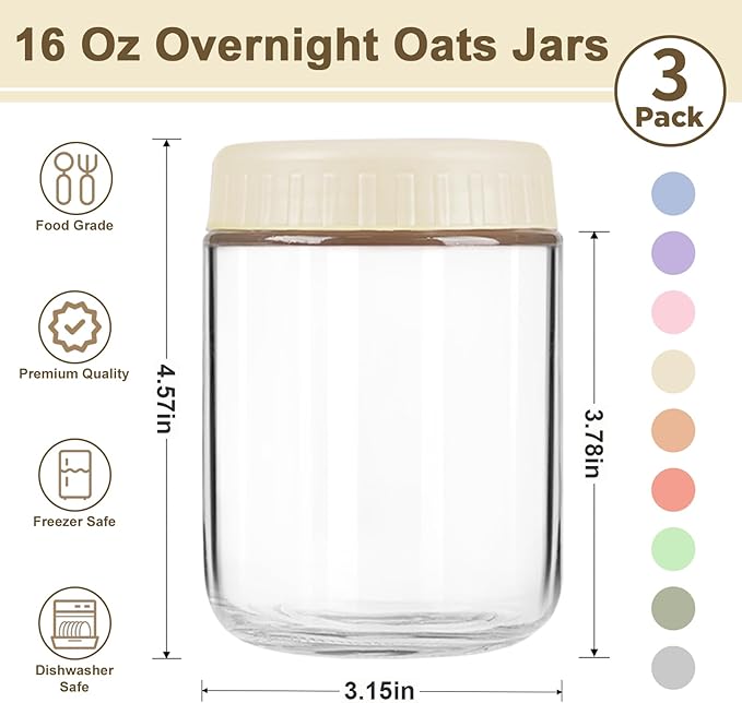 Overnight Oats Containers with Lids, 16oz Wide Mouth Mason Jars with Lids, 3 Pack Glass Jars with Airtight lid for Chia Pudding Yogurt Salad, Meal Prer Oatmeal Jars, Yellow