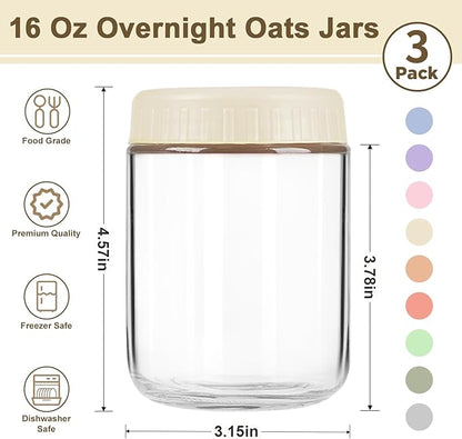 Overnight Oats Containers with Lids, 16oz Wide Mouth Mason Jars with Lids, 3 Pack Glass Jars with Airtight lid for Chia Pudding Yogurt Salad, Meal Prer Oatmeal Jars, Yellow