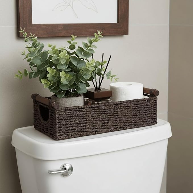 CubesLand Wicker Toilet Storage Basket Tray Organizer W/Cut Out Handle, Slim Decorative Basket for Countertop, Shelves And for Versatile Home Decor, Living Room, Nursery Organization, Brown