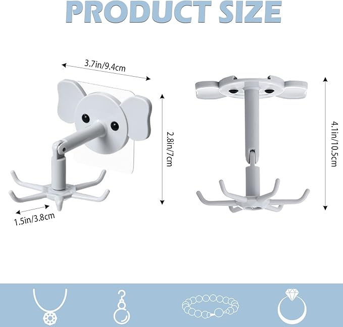 2-Pack 360° Rotating Jewelry Organizer, Self-Adhesive Necklace Hanger for Storing Necklaces, Bracelets, Watches, Rings, Ideal for Walls, Closets, Doors, and Bathrooms (Gray)