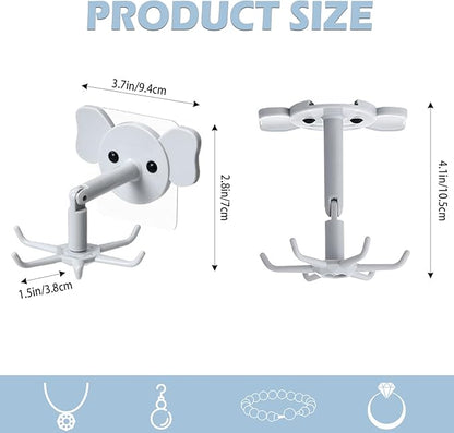 2-Pack 360° Rotating Jewelry Organizer, Self-Adhesive Necklace Hanger for Storing Necklaces, Bracelets, Watches, Rings, Ideal for Walls, Closets, Doors, and Bathrooms (Gray)