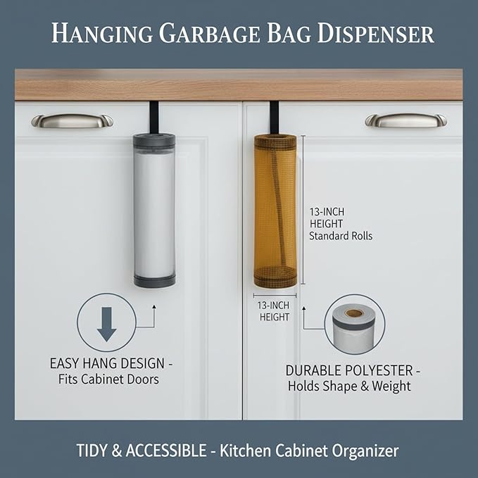 Hanging Garbage Bag Dispenser, Polyester Cabinet Door Organizer for Standard Rolls, 13-Inch Height (1 PC)