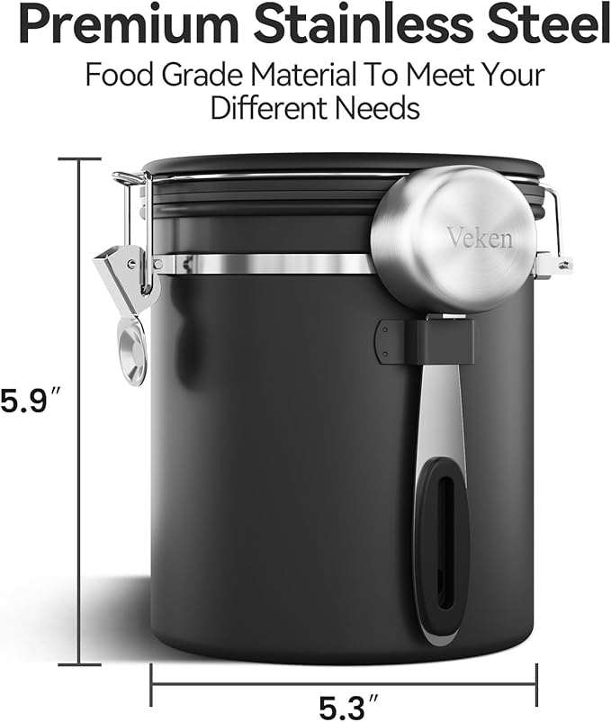 Veken Coffee Canister with Window, Family Choice Awards Winner, Airtight Stainless Steel Home Kitchen Food Storage Container with Lids for Grounds, Beans, Tea, Flour,Cereal,Sugar Jars,Scoop,16OZ,Black