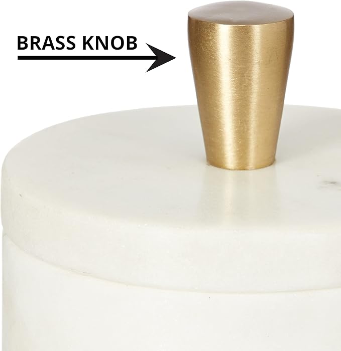 Queenza White Marble Salt Cellar with Lid and Brass Knob, 3 Inch Salt Box