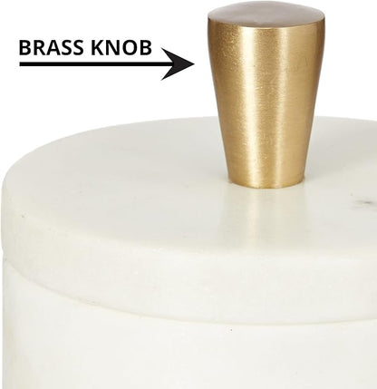 Queenza White Marble Salt Cellar with Lid and Brass Knob, 3 Inch Salt Box