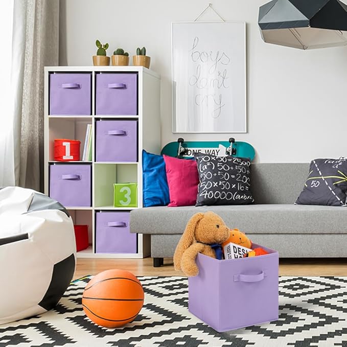 Stero Fabric Storage Bins 6 Pack Fun Colored Durable Storage Cubes with Fabric Handles Foldable Cube Baskets for Home, Kids Room, Closet and Toys Organization Purple