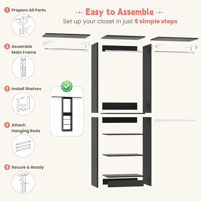 iSunirm 48" Small Closet System, Space-Saving Wall-Mounted Wardrobe Organizer, Mini Garment Rack for Narrow Spaces, Morning Outfit Prep Station & Nursery Dress-up Storage, Black