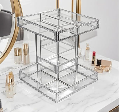360 Degree Rotation Cosmetic Organizer -Premium Makeup Storage with Spin Base,Antique Countertop Cosmetic Storage,Large Capacity,Beauty Display for Countertop,Vanity or Bathroom (silver)