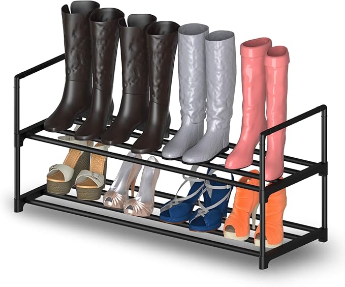 Hsscblet 2 Tier Metal Shoe Rack,Adjustable Shoe Shelf Storage Organizer,Stackable Boot & Shoe Storage,for Entryway,Hallway,Closet,Black