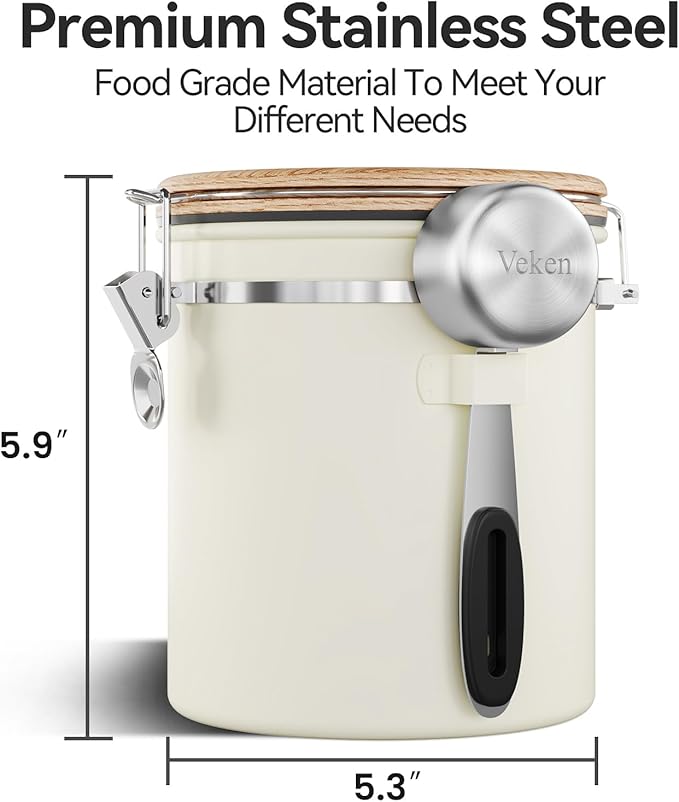 Veken Coffee Sugar Canister with Window, Airtight Stainless Steel Kitchen Food Storage Container with Lids, Date Tracker and Scoop for Grounds Coffee, Beans, Tea, Flour, Cereal Jars, 16OZ, Cream