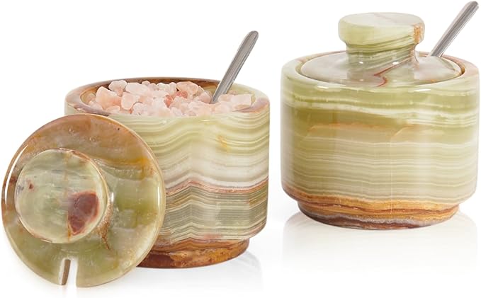 MARBLOUS KRAFTS Marble Salt Cellar with Lid and Spoon 3" Inch Green Stone Salt Dish for Kitchen Countertop Storage, Small Set of 2 Seasoning Containers, Spice Jars, Sugar Bowl, Gift for Mom