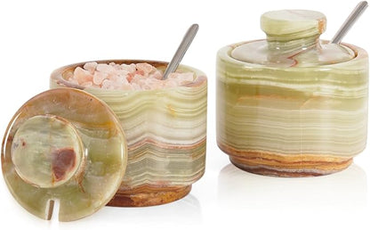 MARBLOUS KRAFTS Marble Salt Cellar with Lid and Spoon 3" Inch Green Stone Salt Dish for Kitchen Countertop Storage, Small Set of 2 Seasoning Containers, Spice Jars, Sugar Bowl, Gift for Mom