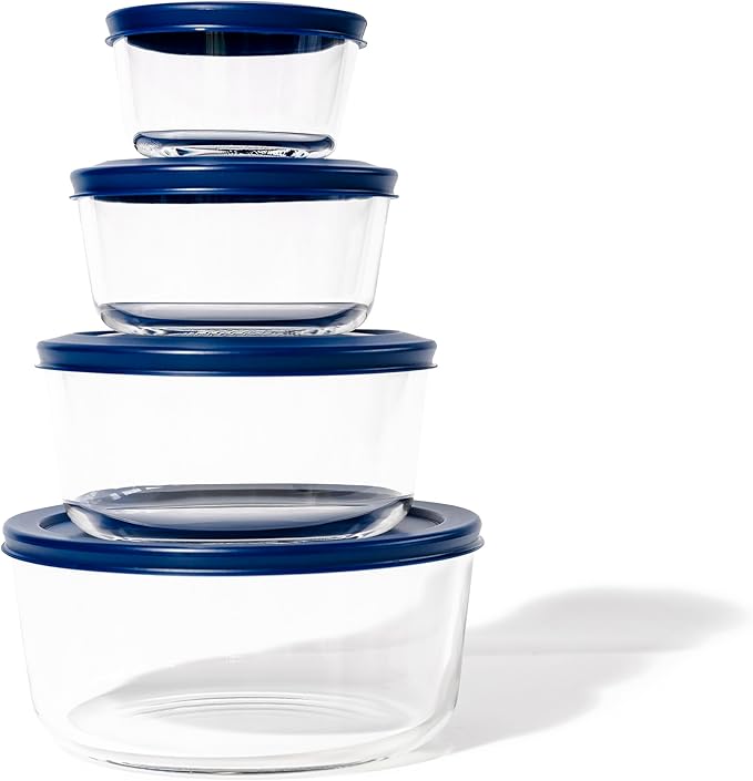 16-Piece Glass Food Storage Containers Set (8 Containers + 8 Lids) | Round, Nesting, Microwave & Dishwasher Safe | BPA-Free, Space-Saving | Color Lids for Pantry & Kitchen Organization, Multi Color