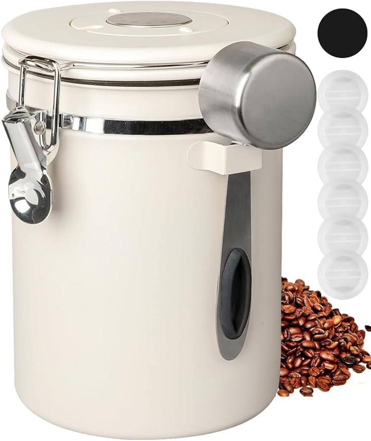 Coffee Canister with Airtight Lid, 22oz, 60 fl oz White, Stainless Steel Air Tight Lid Container with Date Tracker and Scoop Food Storage Jar for Coffee Bean (Cream)