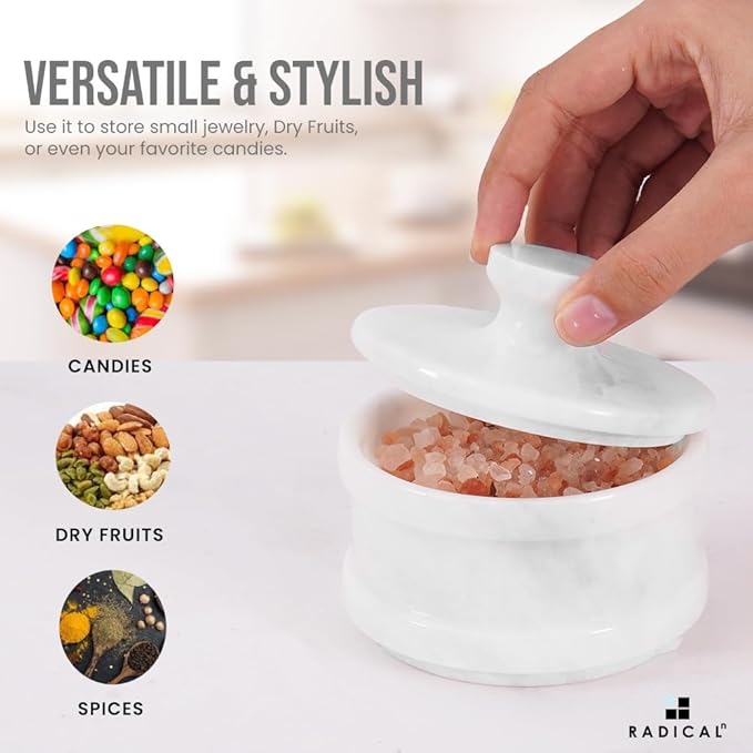 Radicaln Marble Salt Cellar with Lid 4" Inch White Handmade Table Salt Container & Sugar Bowl For Kitchen Countertop, Ideal Salt Dish & Salt Jar for Celtic Salts