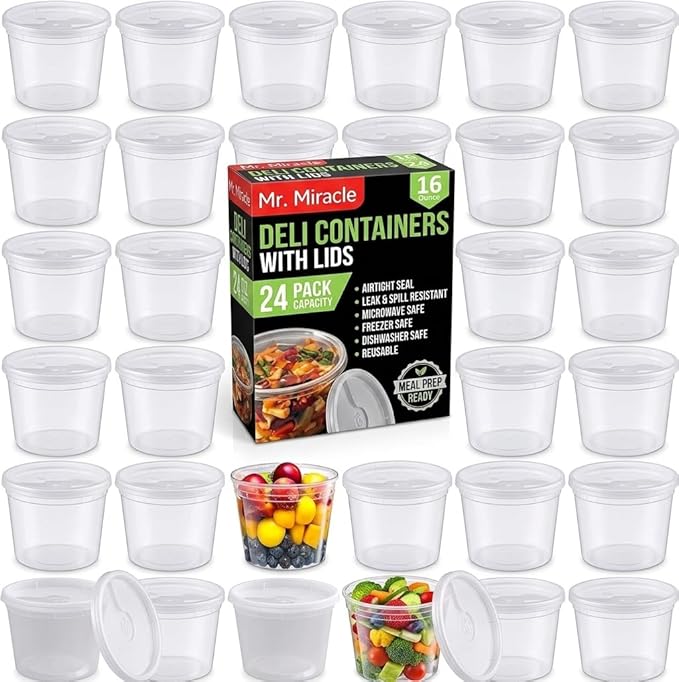 Mr Miracle Deli Containers with Lids - 24 Pack of 16 oz Clear Airtight Reusable Plastic Food and Multi-Purpose Containers - Microwave, Freezer, and Dishwasher Safe