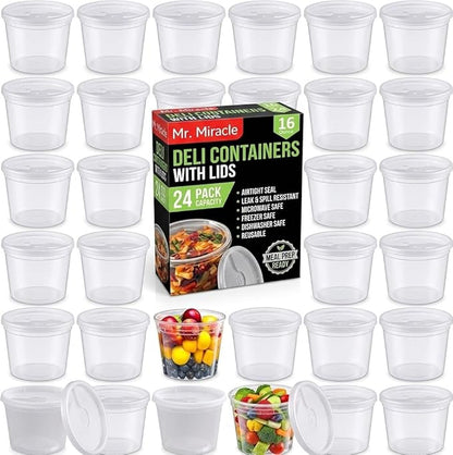 Mr Miracle Deli Containers with Lids - 24 Pack of 16 oz Clear Airtight Reusable Plastic Food and Multi-Purpose Containers - Microwave, Freezer, and Dishwasher Safe