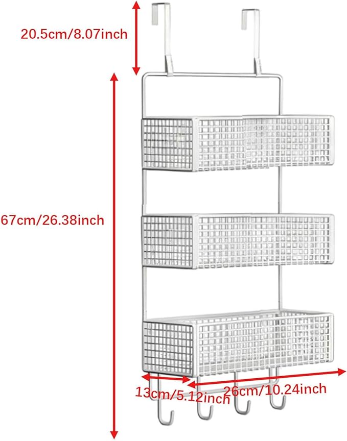 Over The Door Basket Organizer 3 Tier Hanging Storage Rack Wall Mounted Shelf for Cabinet, S White