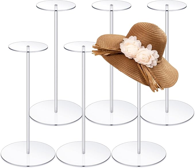 Dimeho 6 PCS Acrylic Hat Stand 12" Clear Wig Display Rack Baseball Cap Holder Acrylic Risers With Round Barbell Pedestal for Display Tabletop Watch Jewelry Multiple Hats