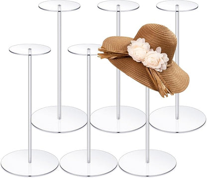 Dimeho 6 PCS Acrylic Hat Stand 12" Clear Wig Display Rack Baseball Cap Holder Acrylic Risers With Round Barbell Pedestal for Display Tabletop Watch Jewelry Multiple Hats