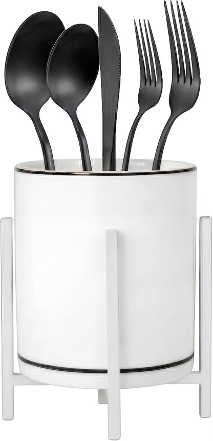 Ceramic Flatware Caddy, Silverware Caddy Cutlery Holder, Round Utensil Crock, Kitchen Utensil Holder for Countertop, Ceramic Cup wtih Black Trim and White Metal Bracket, 1 Pcs