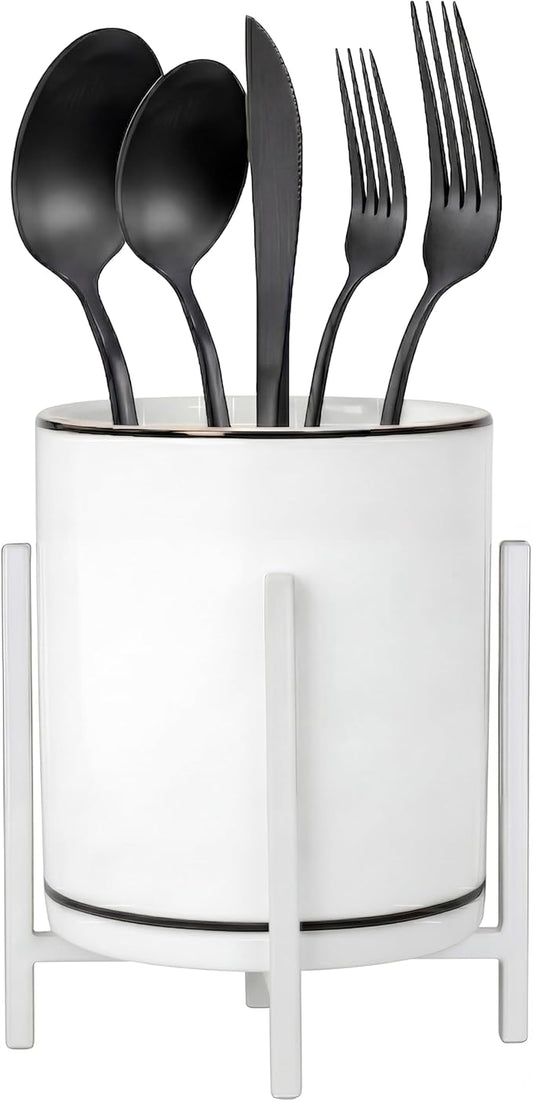 Ceramic Flatware Caddy, Silverware Caddy Cutlery Holder, Round Utensil Crock, Kitchen Utensil Holder for Countertop, Ceramic Cup wtih Black Trim and White Metal Bracket, 1 Pcs