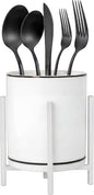 Ceramic Flatware Caddy, Silverware Caddy Cutlery Holder, Round Utensil Crock, Kitchen Utensil Holder for Countertop, Ceramic Cup wtih Black Trim and White Metal Bracket, 1 Pcs