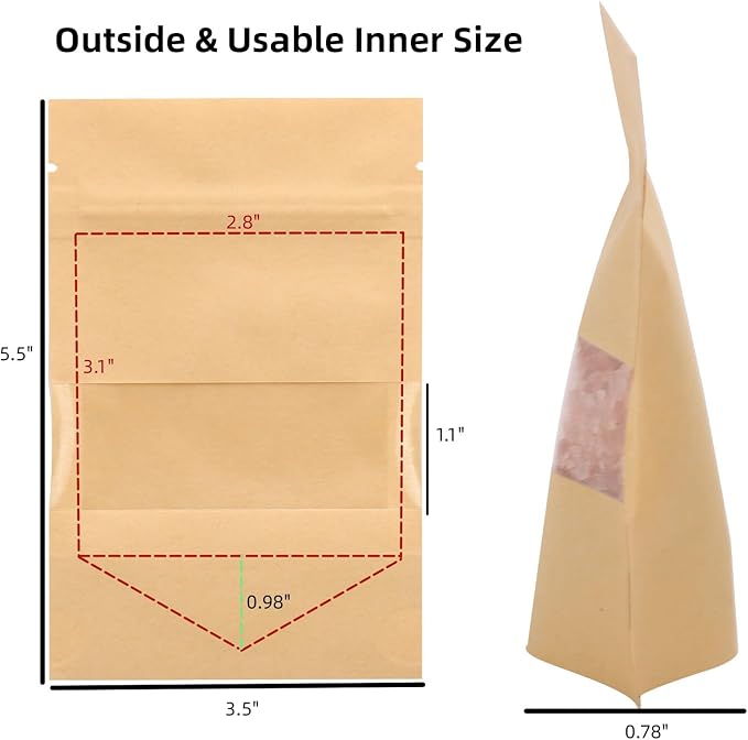 100pcs 3.5 x 5.5 inch Kraft Paper Treat Bags with Window Ziplock Stand Up Pouches for Food Storage Cookies Snacks Tea Packing