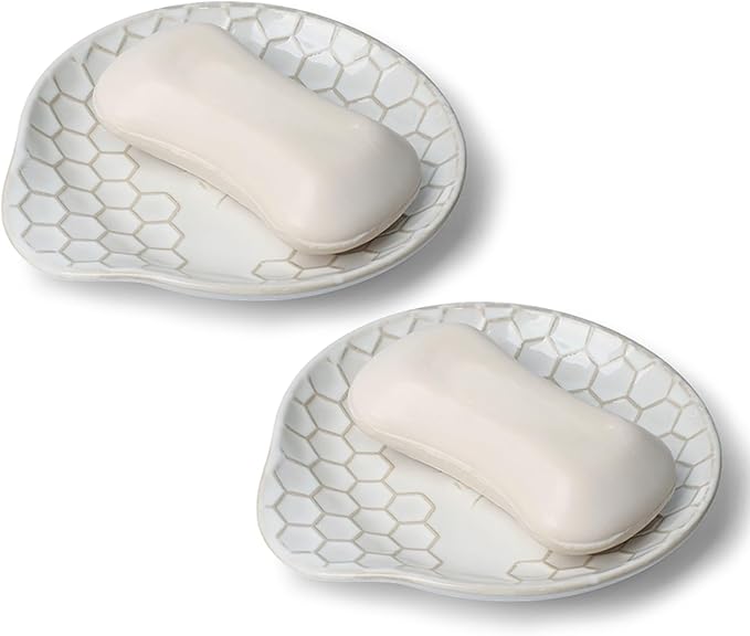 Ceramic Soap Dish, Set of 2 Bar Soap Holder, Shower Soap Dish Soap Saver Tray for Bathroom Kitchen Sink, Stylish and Easy to Clean (Vintage White)