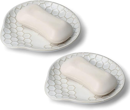 Ceramic Soap Dish, Set of 2 Bar Soap Holder, Shower Soap Dish Soap Saver Tray for Bathroom Kitchen Sink, Stylish and Easy to Clean (Vintage White)