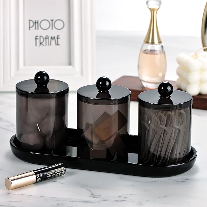Qtip Holder Bathroom Set with Tray(4PCS) - 3 Pack Acrylic Plastic Apothecary Jars Qtip Dispenser Canister with Lid and Labels, 1 Pack Vanity Tray, for Cotton Ball, Cotton Swab (Black)
