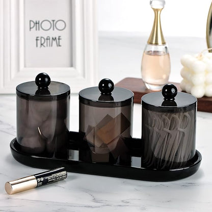 Qtip Holder Bathroom Set with Tray(4PCS) - 3 Pack Acrylic Plastic Apothecary Jars Qtip Dispenser Canister with Lid and Labels, 1 Pack Vanity Tray, for Cotton Ball, Cotton Swab (Black)