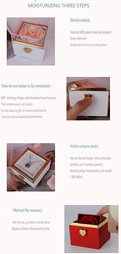 Magic Flip Jewelry Carousel with Heart Button Surprise, Rotating Transparent Gift Box - Bear Cake or Flower Design Organizer for Necklaces & Rings, Birthday Mothers Day Gifts for Women (Pink Flower)