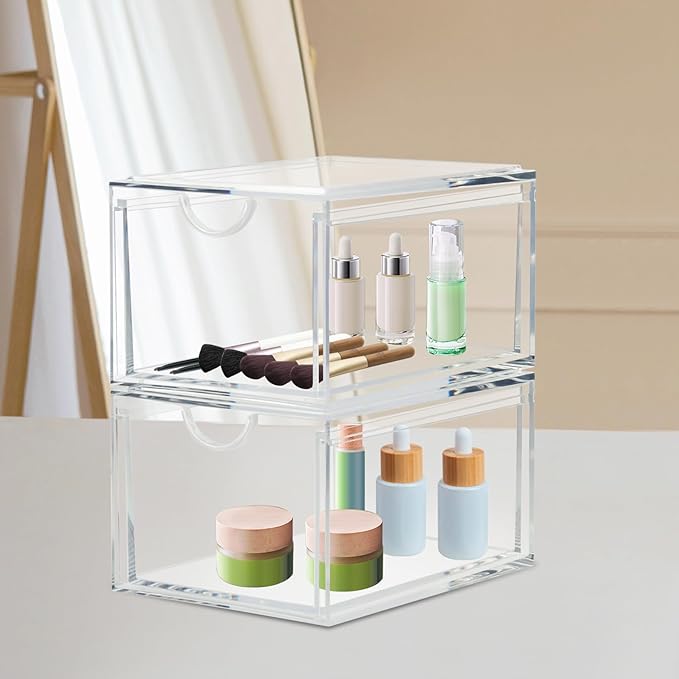 CECOLIC 2 Pack Stackable Cosmetic Organizer Drawers, Clear Acrylic Makeup Storage Organizer Box, Plastic Storage Bins Vanity Container for Bathroom Countertop, Bedroom Dresser, Kitchen Cabinets
