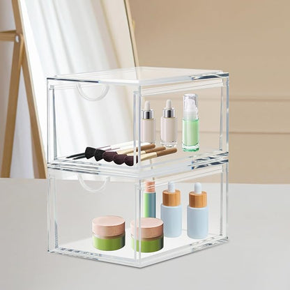 CECOLIC 2 Pack Stackable Cosmetic Organizer Drawers, Clear Acrylic Makeup Storage Organizer Box, Plastic Storage Bins Vanity Container for Bathroom Countertop, Bedroom Dresser, Kitchen Cabinets